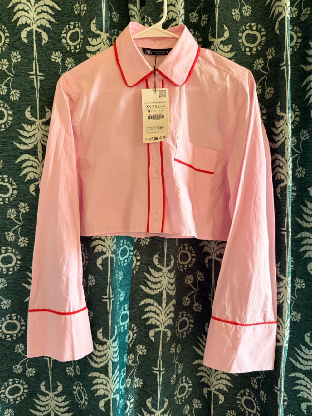 Zara Cropped Pink Button-Up Top with Red Piping Size XS NWT - Picture 8 of 11